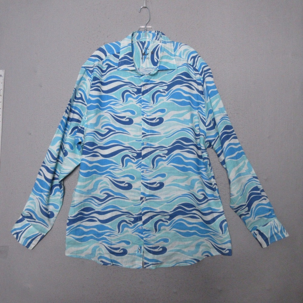 HIHO Tunic Top XXL Blue Wave Print Linen Coastal Beach Vacation Resort Relaxed